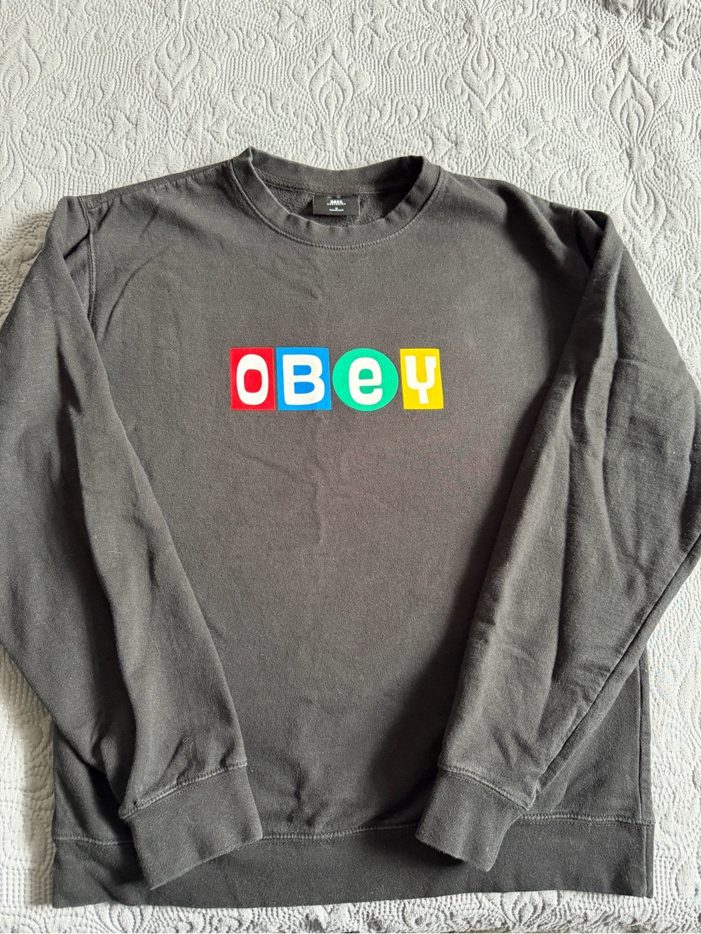 Obey Black Crewneck with Red, Blue, Green & Yellow Block Logo